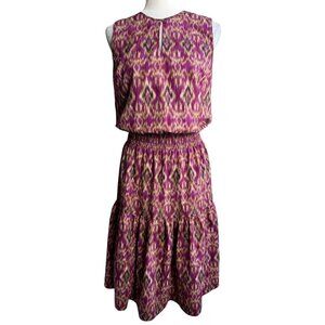 LAUREN Ralph Lauren Ikat Blouson Smocked Sleeveless Tiered Midi Dress Womens Sm